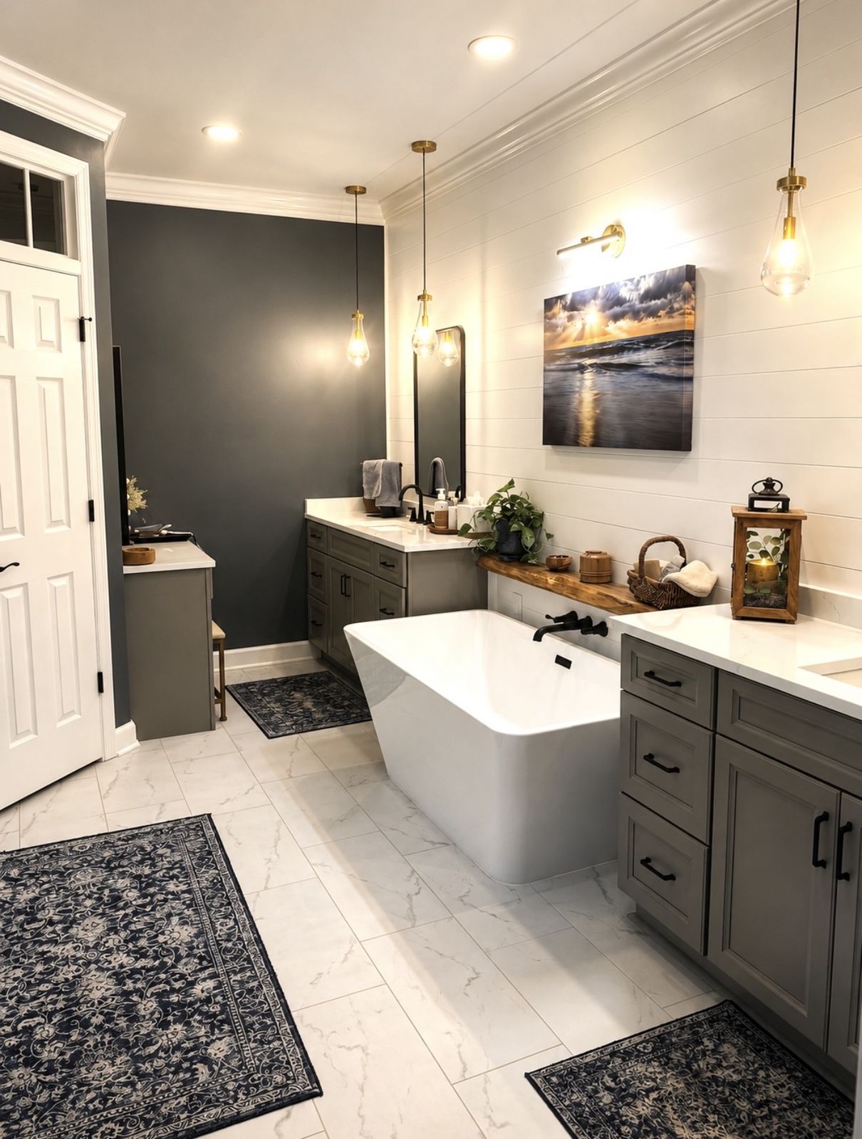 Primary bathroom. Freestanding tub, shiplap wall, and pendant lighting.