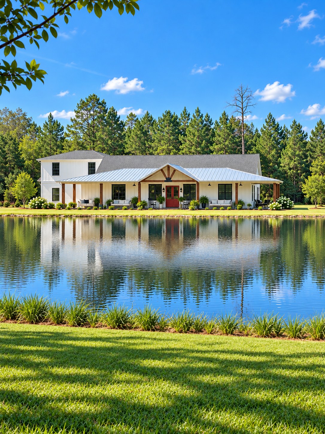 White farmhouse-style home with a metal-roof front porch overlooking a pond