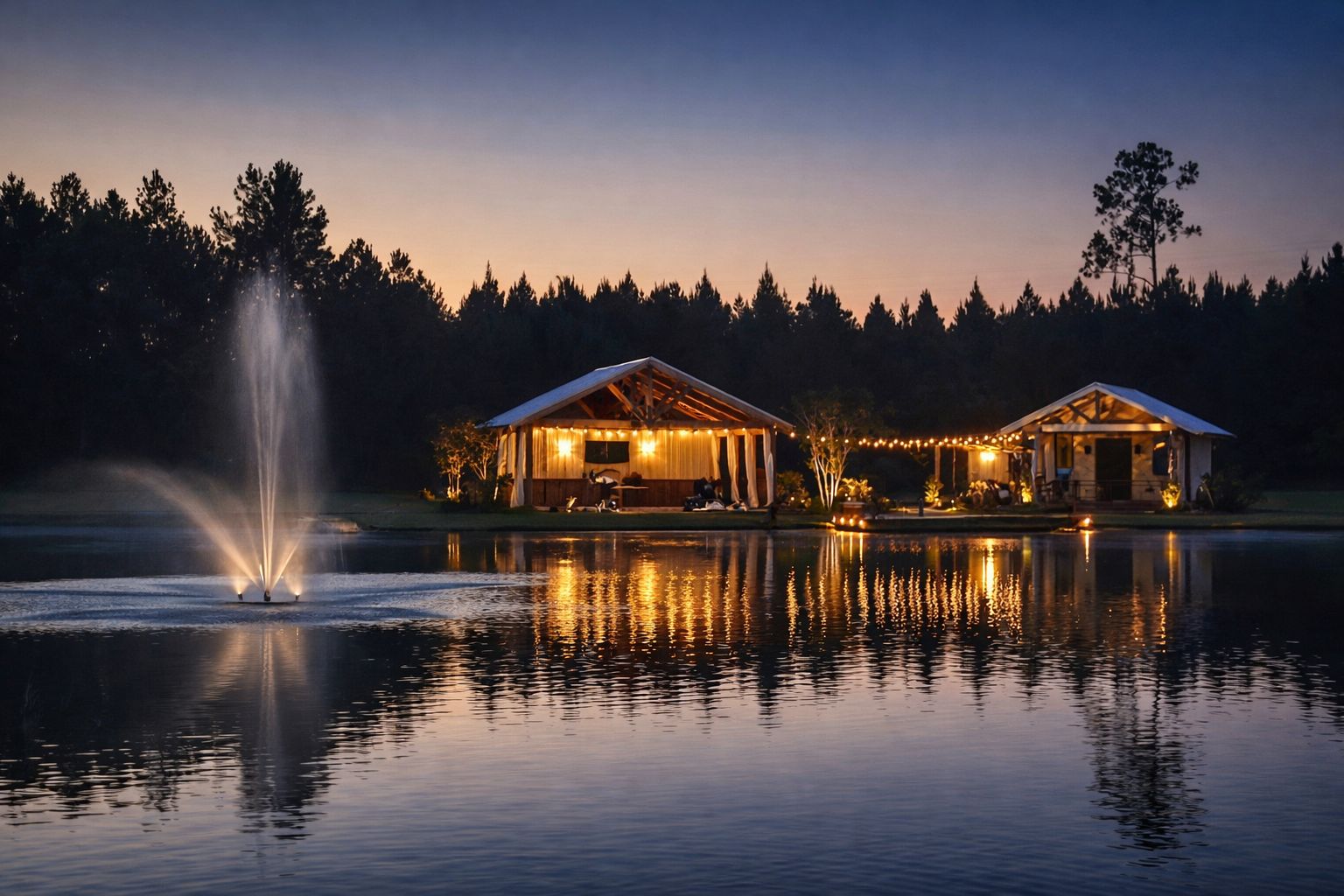 Lit pavilion and cottage beside a pond at dusk