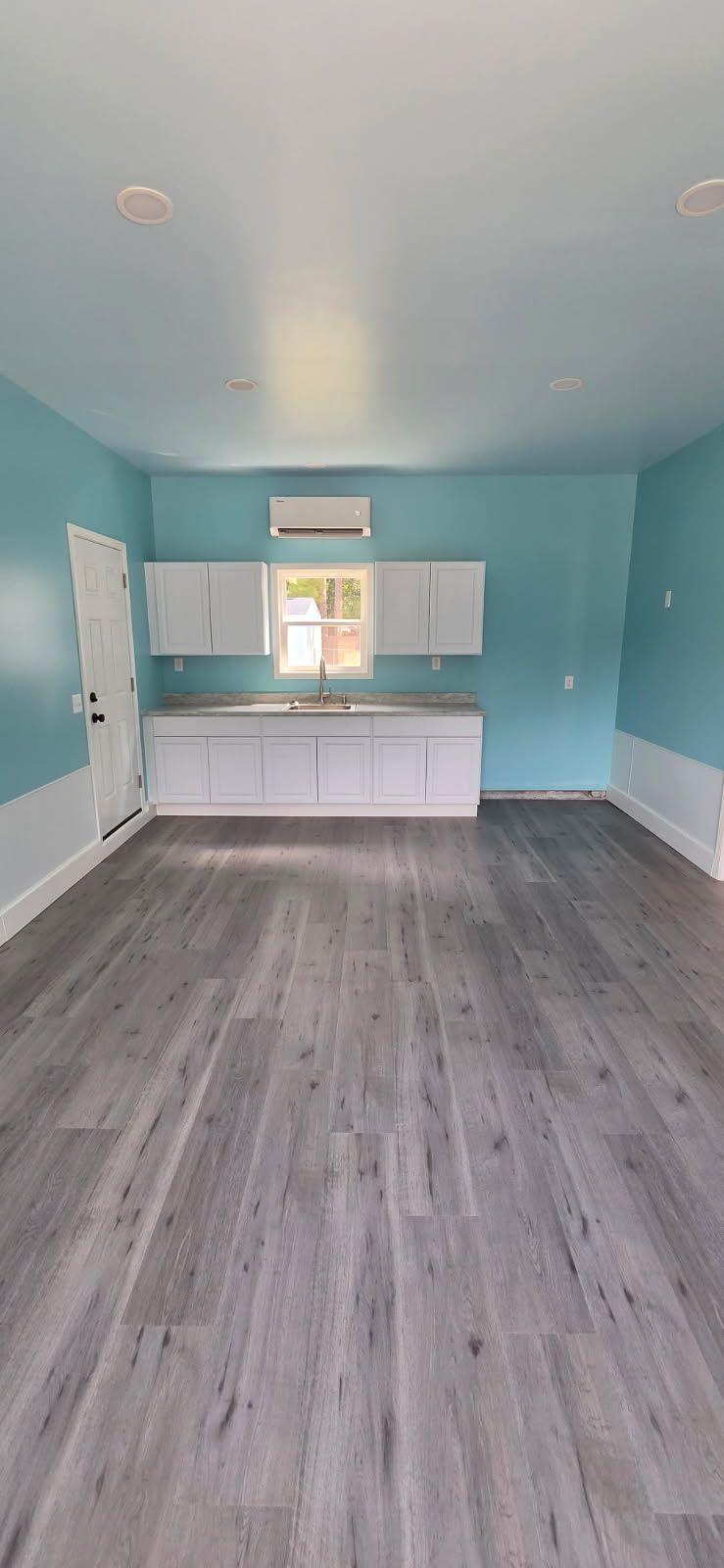 Finished room with kitchenette. Vinyl plank flooring, wainscoting, a mini-split, and a sink with cabinets.
