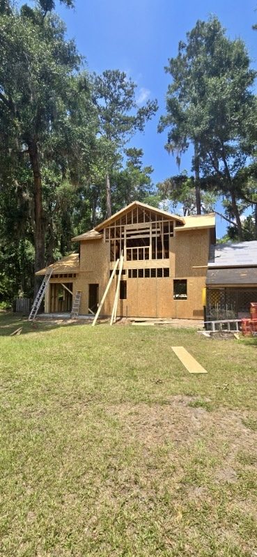 Two-story home, framing. Another view of the framing, showing the gable wall.